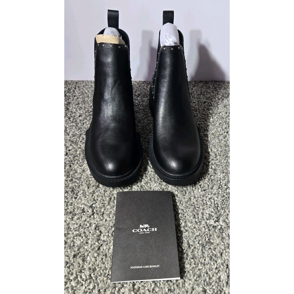 NWB Coach Lory Leather Boot Bootie Black w/ Gold Stud Logo Detail Women sz 6.5B - Picture 2 of 16